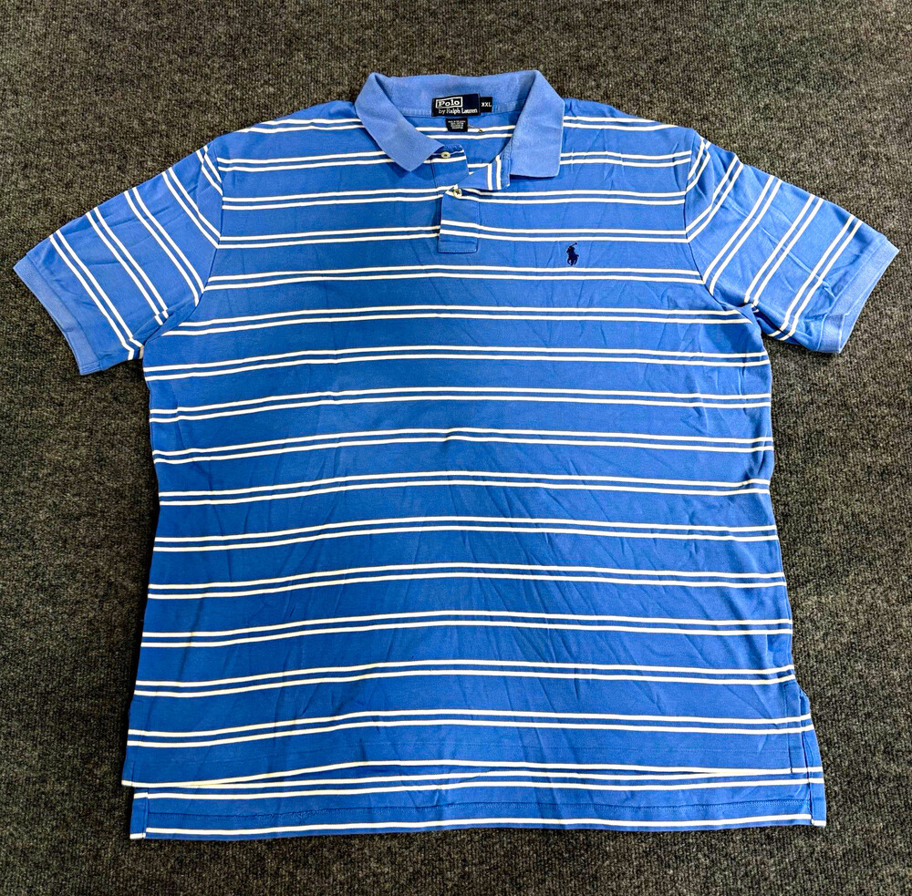 Polo Ralph Lauren Mens XXL Blue White Striped Polo Shirt Pony Logo 100% Cotton